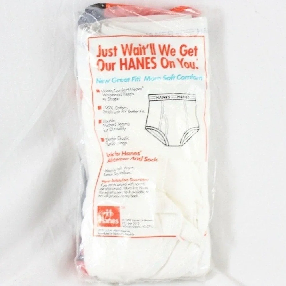 Vintage 1992 Hanes Mens Briefs 3 Pack White 100% Cotton Size 40 New Deadstock